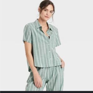 Green Striped Button-Up Shirt and Pants Set